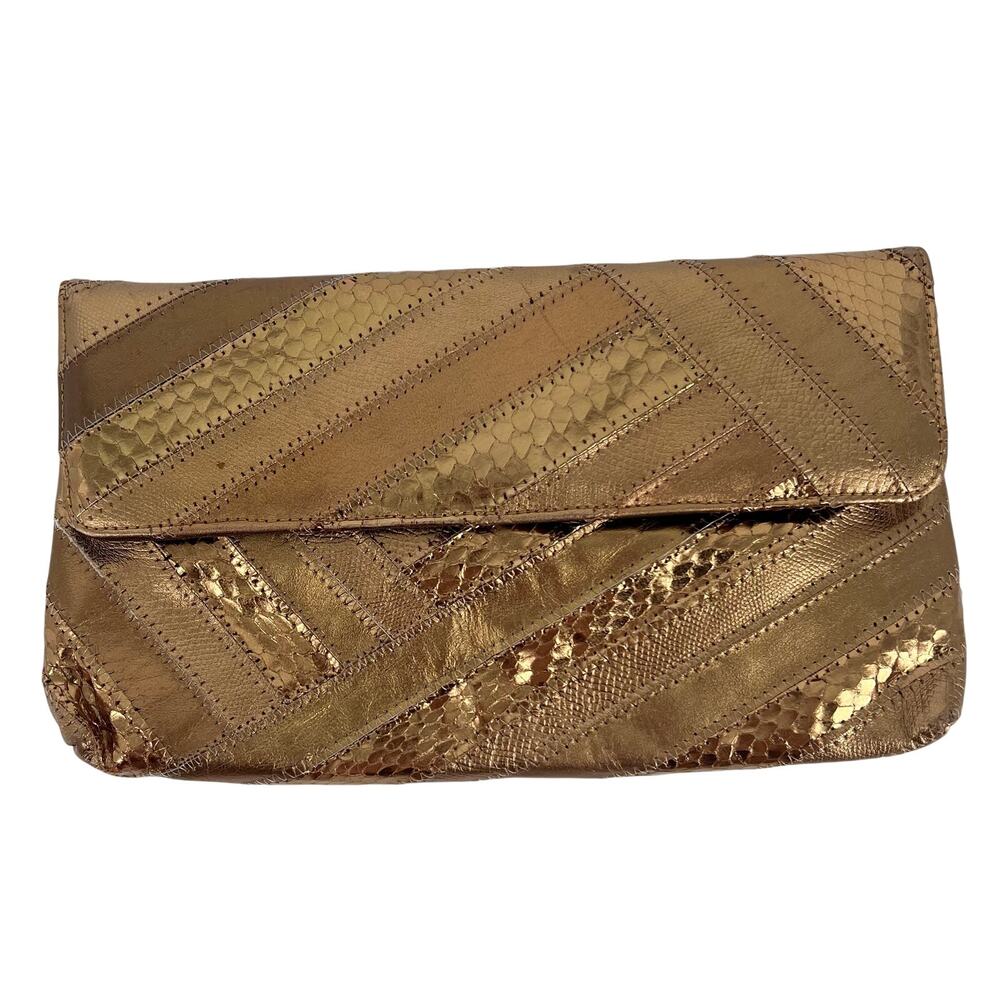 80s bronze metallic snakeskin clutch evening bag 1980s vintage
